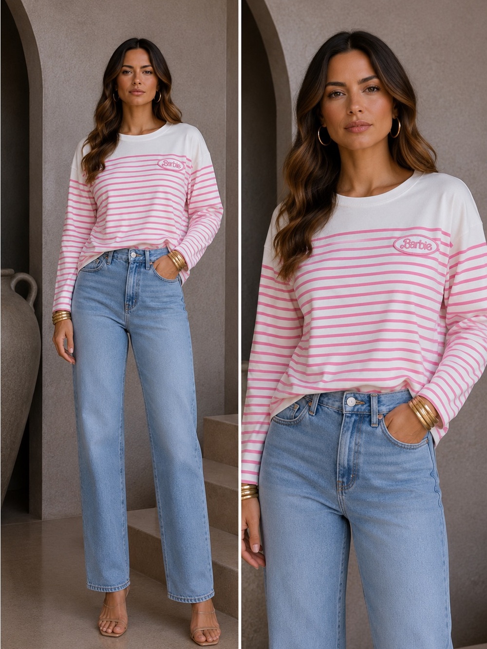 Zara Pink & White Striped Long Sleeve Tee limited edition